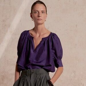 SOEUR Silk Prima Shirt Violet Purple Puff Short Sleeves Pleated Boxy Top